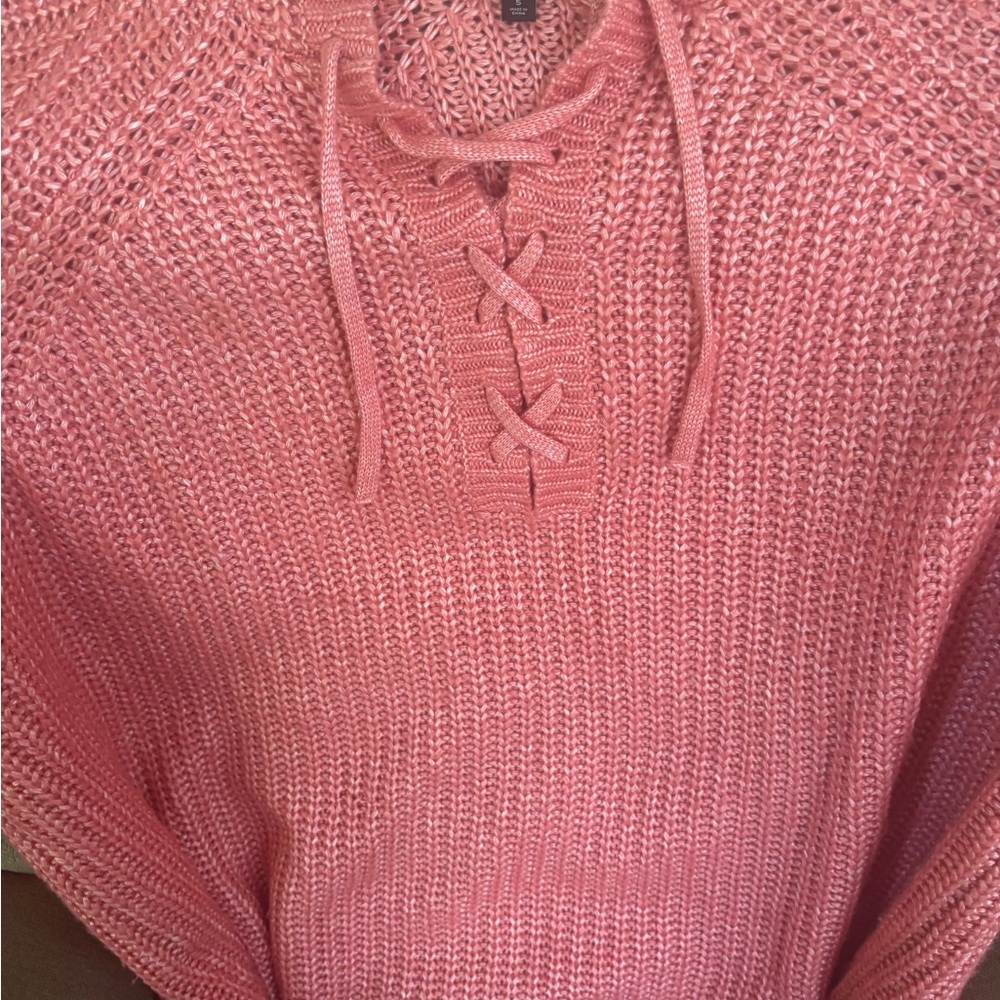 Pink / peach shimmery chunky Knit Crew Neck Sweater with Lace-Up Detail